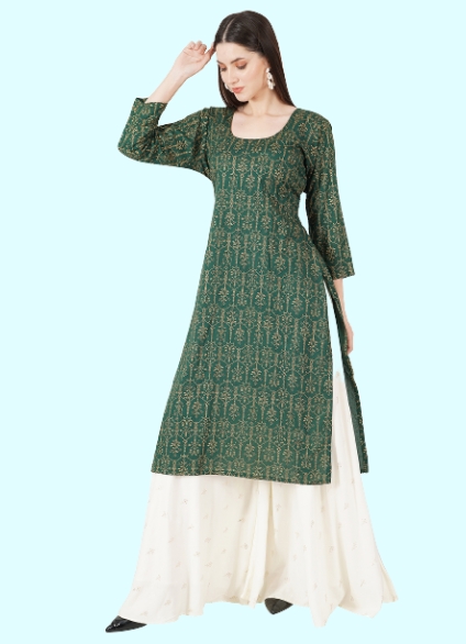 Green kurti & white Plazzo